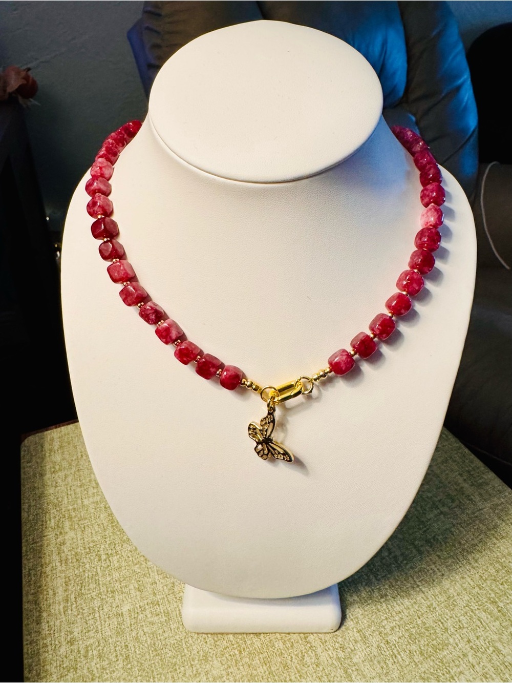 Pink Beaded Necklace with Gold Butterfly Charm - Unknown Brand